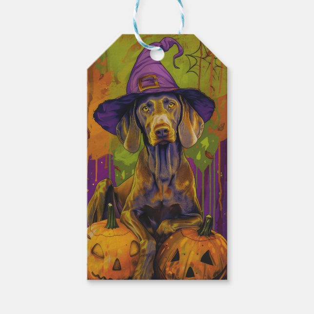 Spooky Weimaraner Hund Halloween Hexe und Pumpkin Geschenkanhänger (Vorderseite)