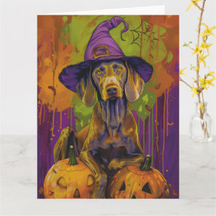 Spooky Weimaraner Hund Halloween Hexe und Pumpkin Karte