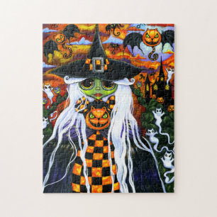 Spooky weißes Haar Halloween Hexe Große Augen Puzzle