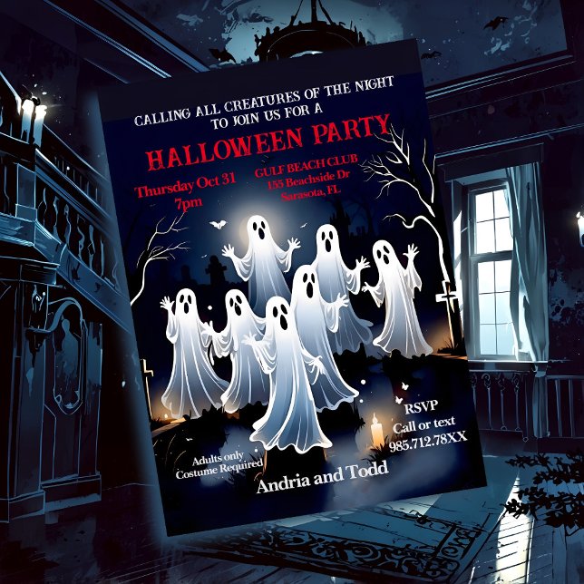 Spooky White Ghosts im Graveyard-Halloween-Party Einladung (Von Creator hochgeladen)
