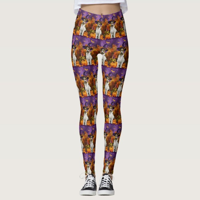 Spooky Wirefox Terrier Dog Halloween Hexenkürbis Leggings (Vorderseite)