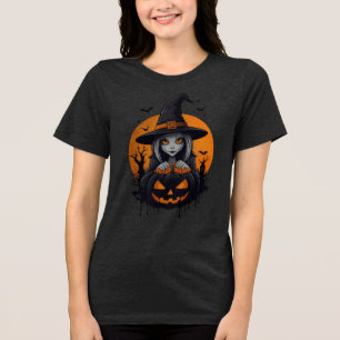 Spooky Witch with Jack-o’-Lantern Art Tri-Blend Shirt