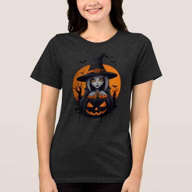 Spooky Witch with Jack-o’-Lantern Art Tri-Blend Shirt (Vorderseite)