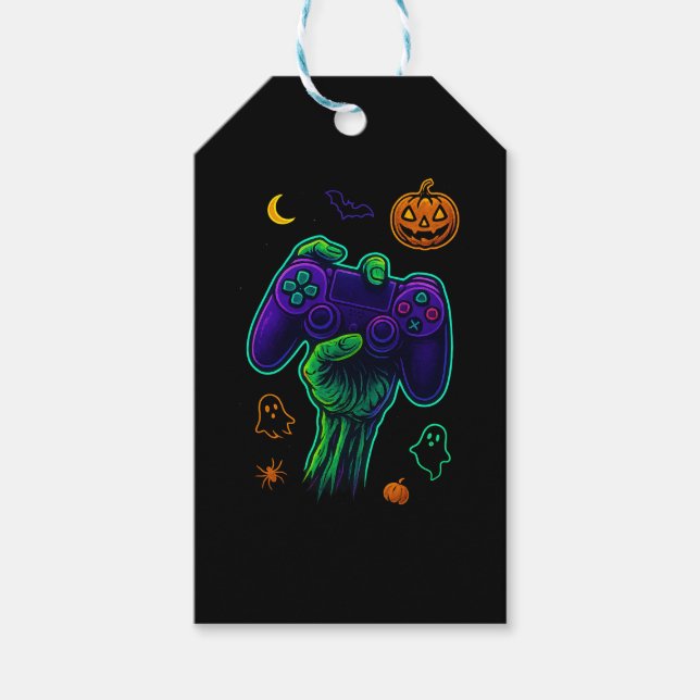 Spooky Zombie Gamer Halloween-Keuchkissen Geschenkanhänger (Vorderseite)