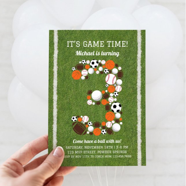 Sport 3. Geburtstagsfeier Party Einladung (Sports 3rd Birthday Invitation)