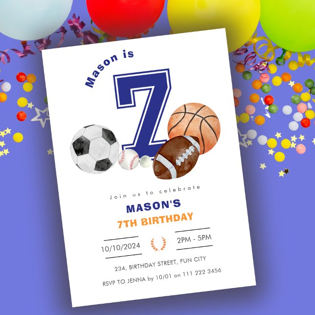 Sport 7. Junge Athlete Geburtstag Einladung (Sports 7th Boy Athlete Birthday Invitation)