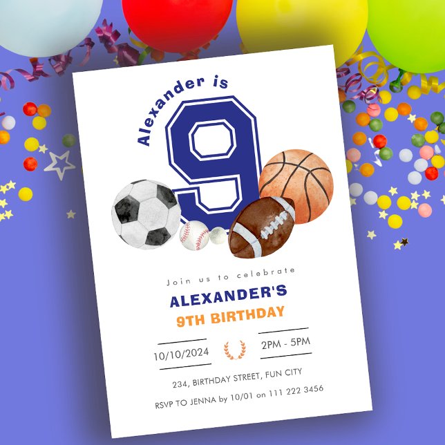 Sport 9. Junge Athlete Geburtstag Einladung (Sports 9th Boy Athlete Birthday Invitation)