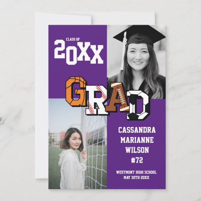 Sport Abschluss Fußball Basketball Fußball Lila Einladung (Vorderseite)