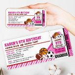 Sport All Star Ticket Pass Einladung Geburtstag<br><div class="desc">Komm und mach dir FUN! Feiern Sie Ihren Geburtstag mit unserer Sport-Party Einladung. Das Design umfasst Basketball, Baseball, Rugby, American Football und Fußball-Bälle auf rosa Streifen in den Formen von Eintrittskarten mit einem Text am unteren Rand. Diese Einladungen für Sportarten sind perfekt für Ihre sportliche Geburtstagsparty, sportliche Geburtstagsparty oder Sportveranstaltungen....</div>