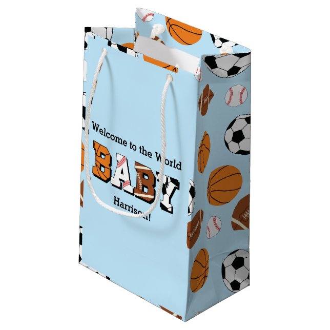 Sport Baby Dusche Co-ed Thema Boy Blue Kleine Geschenktüte (Rückseite Schrägansicht)