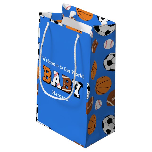 Sport Baby Dusche Co-ed Thema Boy Blue Kleine Geschenktüte (Rückseite Schrägansicht)