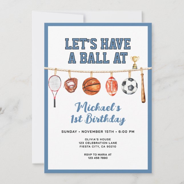 Sport Boy Ball All Star Themed Party Blue Birthday Einladung (Vorderseite)