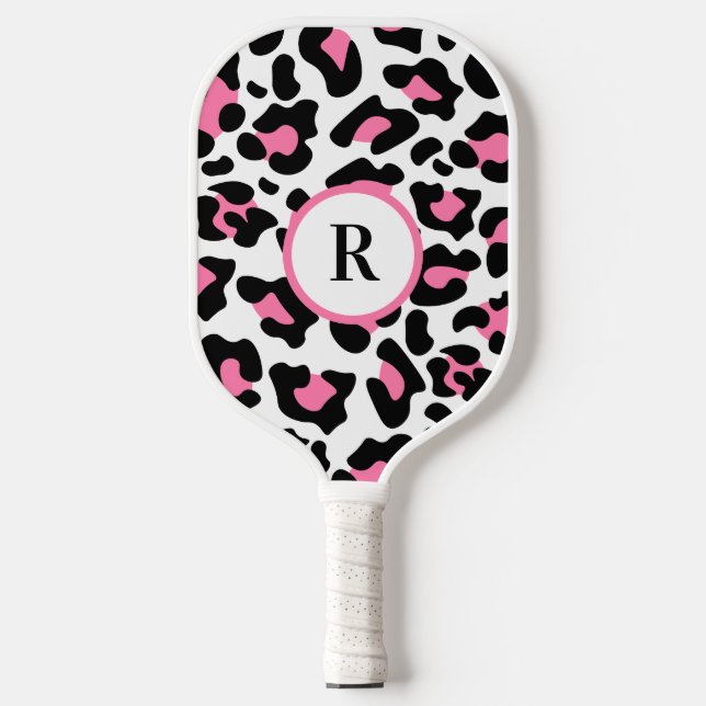 Sport Cute Pink Fun Animal Print Monogram  Pickleball Schläger (Vorderseite)
