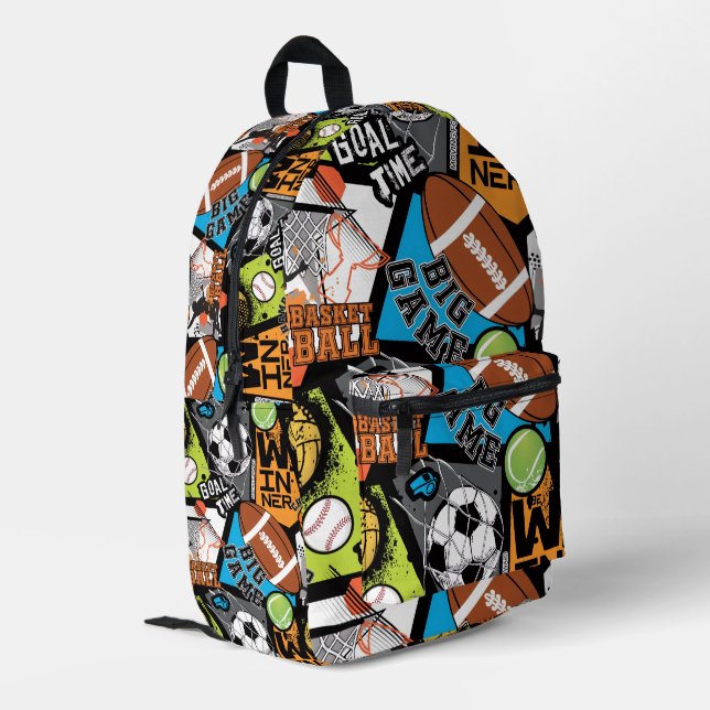 Sport Pattern With Balls Bedruckter Rucksack (Rückseitige Ecke links)