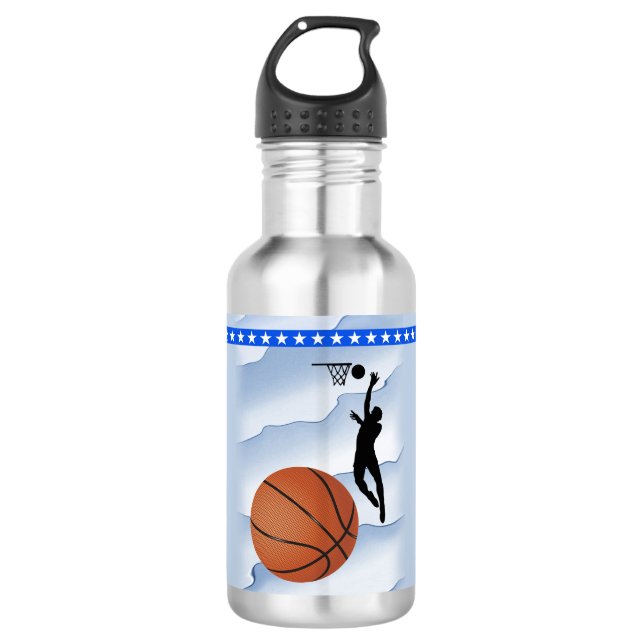 Sport-Thema-Basketballball und -spieler Edelstahlflasche (Vorderseite)