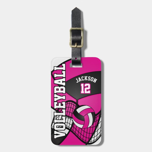 Sport Volleyball 🏐 - Hot Pink, Black & White Gepäckanhänger (Vorderseite vertikal)