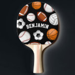 Sport-Zusammenstellungs-personalisiertes Tischtennis Schläger<br><div class="desc">Sport - themed personalisiertes schwarzes Klingeln-pong Paddel für diesen Sternathleten,  der an allem Sport einschließlich das wunderbare Spiel des Klingelns-pong gut ist.</div>