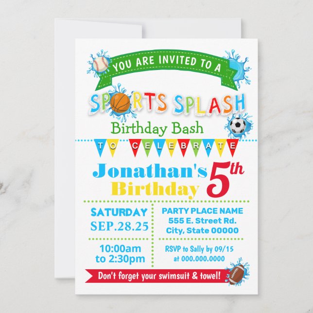 Sportaktivitäten Geburtstag Sommerwasser Party Einladung (Vorderseite)