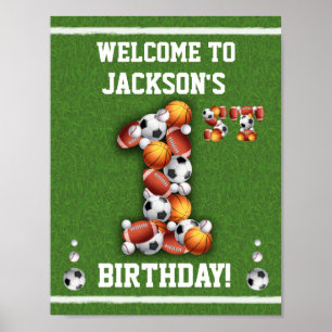 Sportbälle 1. Geburtstag Begrüßungszeichen Poster