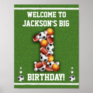 Sportbälle 1. Geburtstag Begrüßungszeichen Poster