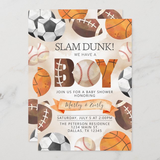 Sportbälle Boy Baby Dusche Einladung (Vorne/Hinten)