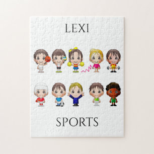 Sportcartoon Charaktere Kind Rätsel. Puzzle