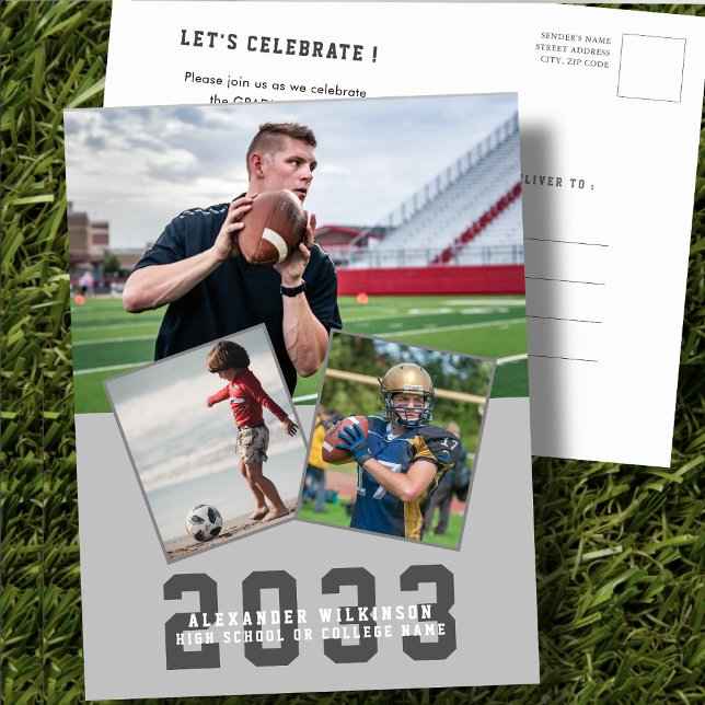 Sporter Typ Modernes, feines Script 3 Foto Abschlu Einladungspostkarte (Von Creator hochgeladen)