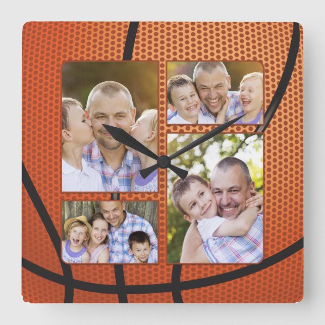 Sportfan Basketball Foto Collage Vatertag Quadratische Wanduhr (Vorderseite)