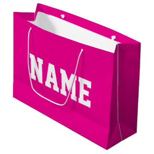 Sportlich DEIN NAME Weißer Text auf Hell-Hot-Pink Große Geschenktüte