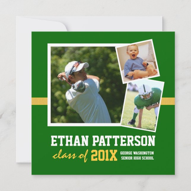 Sportliche 3 Foto-Abschluss-Mitteilungs-grünes Einladung (Vorderseite)