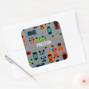 Sportliche, farbenfrohe Rennwagen Kinder Personali Quadratischer Aufkleber