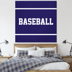 Sportliche Navy Blau Weiße BASEBALL Text Streifen Leinwanddruck