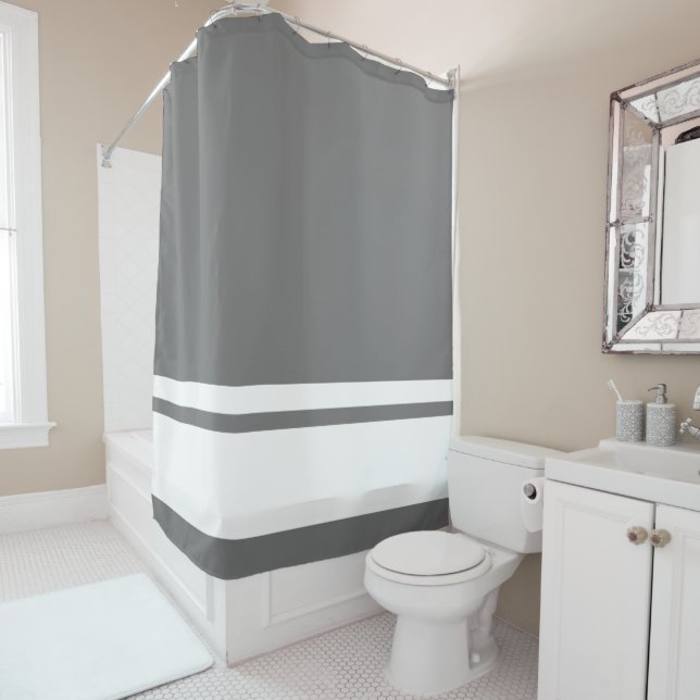 Sportliche weiße Racing Streifen auf modernem Grau Duschvorhang (Beispiel)