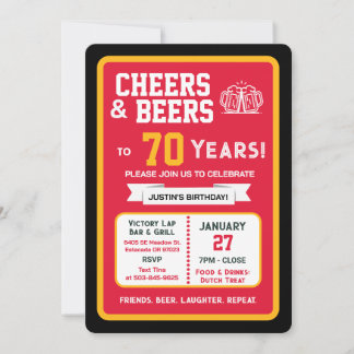 Sports Bar Geburtstags Cheers und Bier zum 70. Geb Einladung