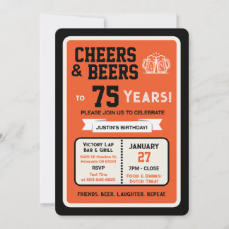 Sports Bar Geburtstags Cheers und Bier zum 75. Geb Einladung