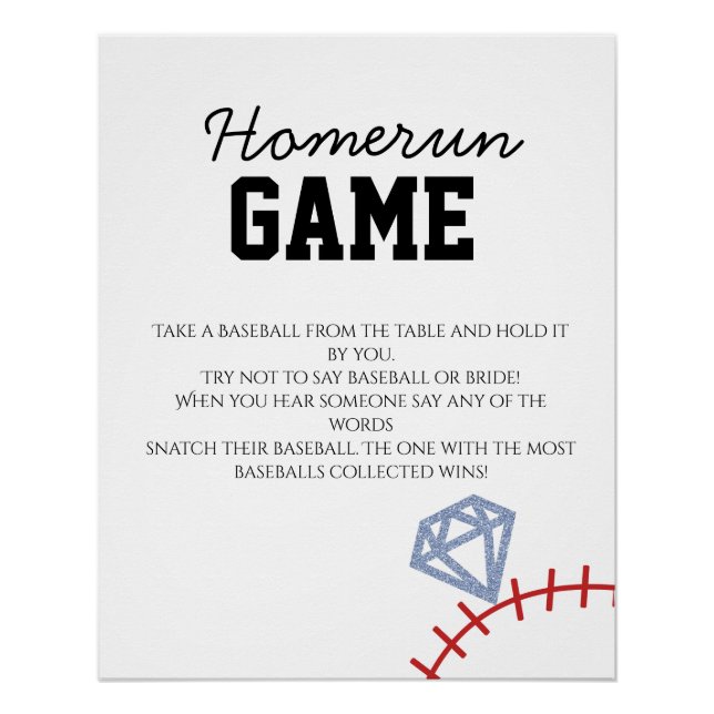 Sports Baseball Homerun Glitter Bridal Shower Game Poster (Vorderseite)