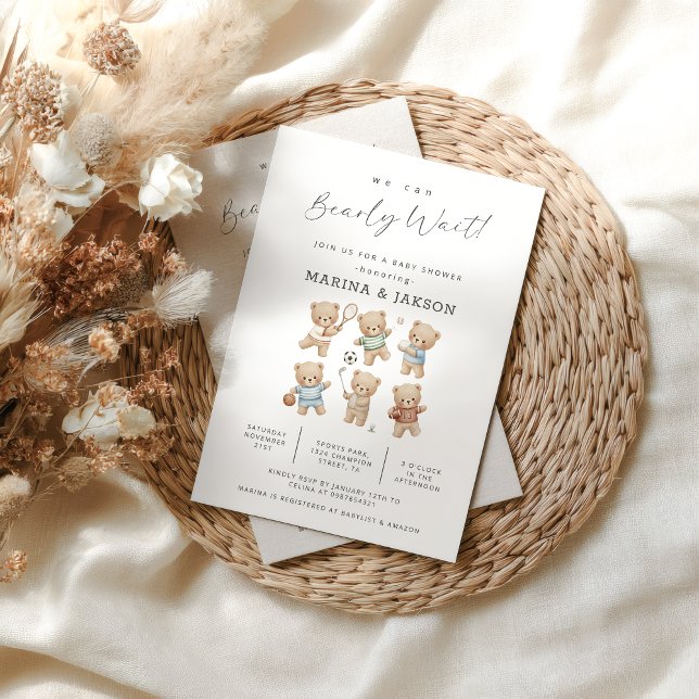 Sports Bear Baby Shower. Bearly Wait Einladung (we can bearly wait sport bear invite)