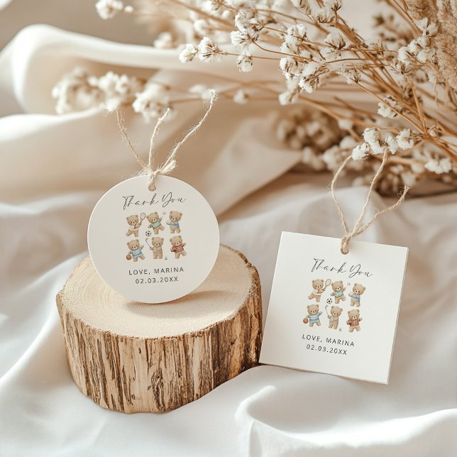Sports bear baby shower, we can bearly wait geschenkanhänger (sporty bear favor tag)