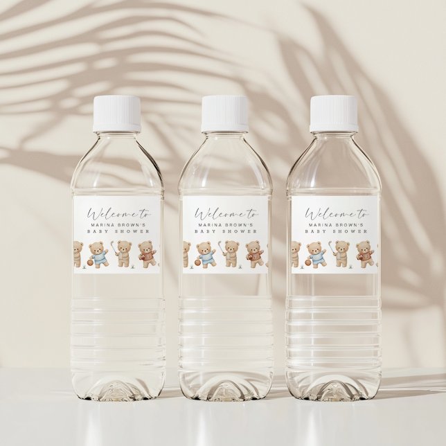 Sports bear baby shower, we can bearly wait wasserflaschenetikett (sport bears water bottle wrapper)