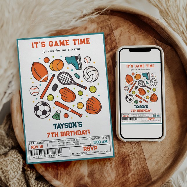 Sports Game Time All-Star 7th Birthday Party | Boy Einladung (Sports Game Time All-Star Birthday | Kids Sport invite)