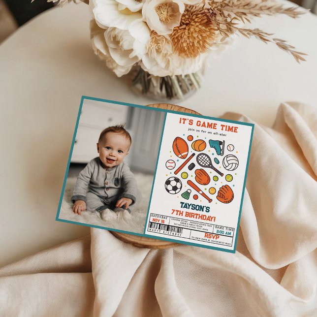 Sports Game Time All-Star 7th Birthday Party | Boy Einladung (Sports Game Time All-Star Birthday | Kids Sport photo invite)