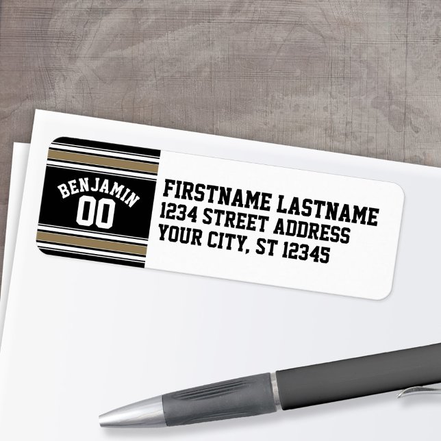 Sports Jersey Black and Gold Strips Name Number (Personalized Return Address Label)