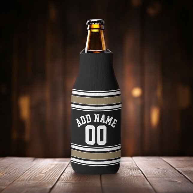 Sports Jersey Black and Gold Strips Name Number Flaschenkühler (Add your name to this sporty personalized bottle cooler.)