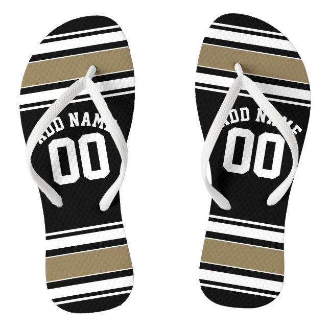 Sports Jersey Black and Gold Strips Name Number Flip Flops (Fußbett)