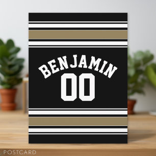 Sports Jersey Black and Gold Strips Name Number Postkarte