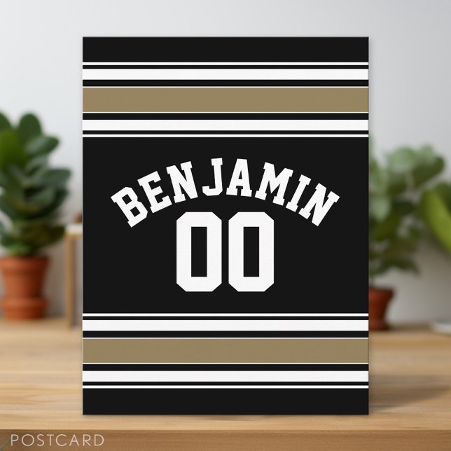 Sports Jersey Black and Gold Strips Name Number Postkarte (Custom Postcard)