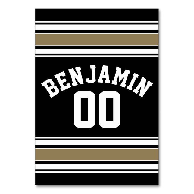 Sports Jersey Black and Gold Strips Name Number Tischnummer (Rückseite)