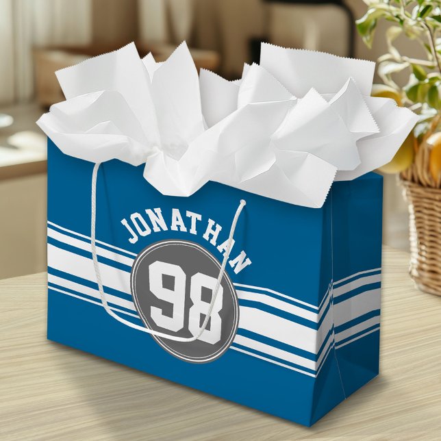 Sports Jersey Blue and Gray Stripes Name Number Große Geschenktüte (Custom Gift Bag)