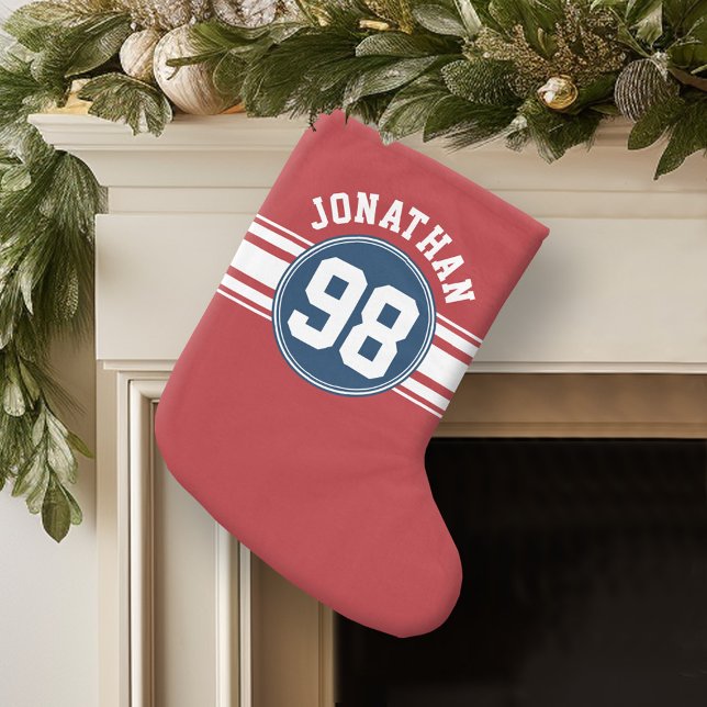 Sports Jersey Navy Blue & Red Strips Namensnummer Kleiner Weihnachtsstrumpf (Personalized Christmas Stocking)