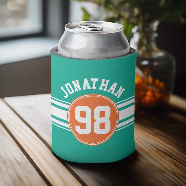 Sports Jersey Stripes Emerald & Orange Namensnumme Dosenkühler (Personalized Can Cooler - add a name and custom text to this sports jersey design)